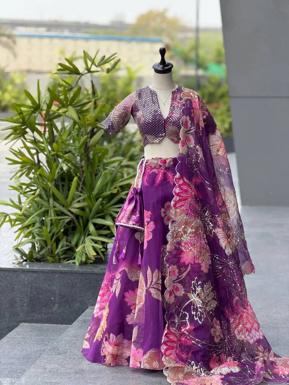 Violet Floral Organza Lehenga Set