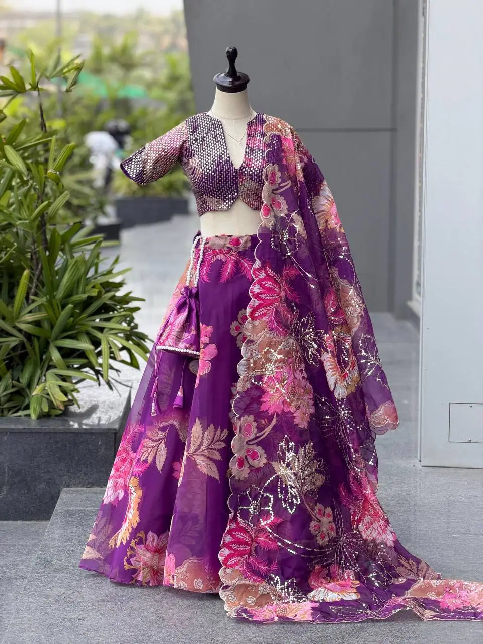 Violet Floral Organza Lehenga Set
