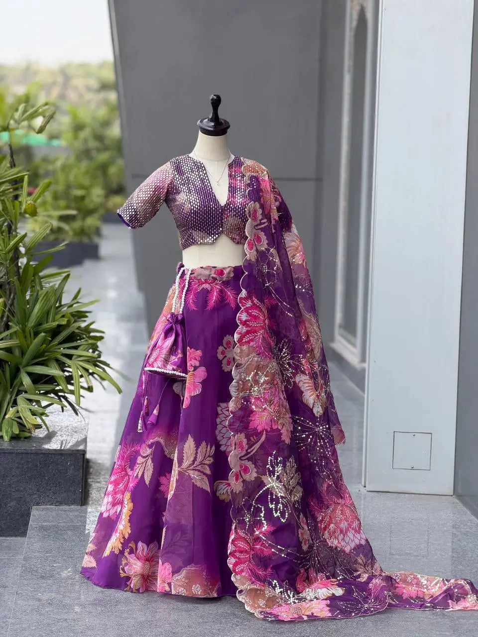 Violet Floral Organza Lehenga Set