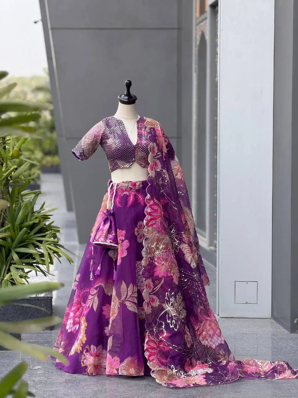Violet Floral Organza Lehenga Set