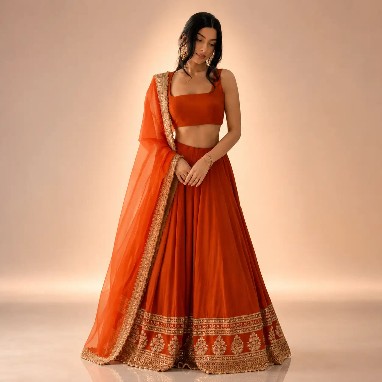 Violet & Orange Georgette Lehenga with Zari Gota Border