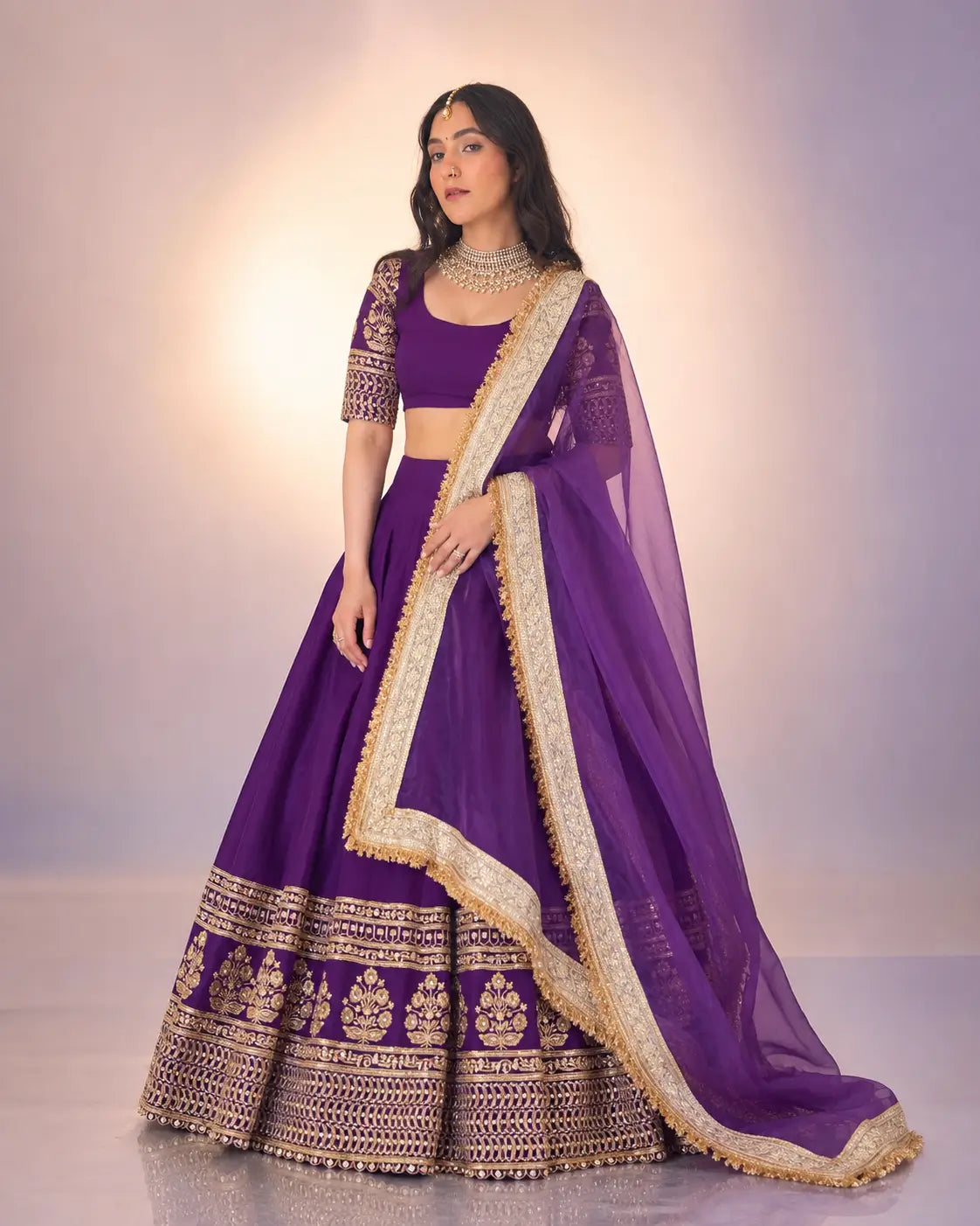 Violet & Orange Georgette Lehenga with Zari Gota Border