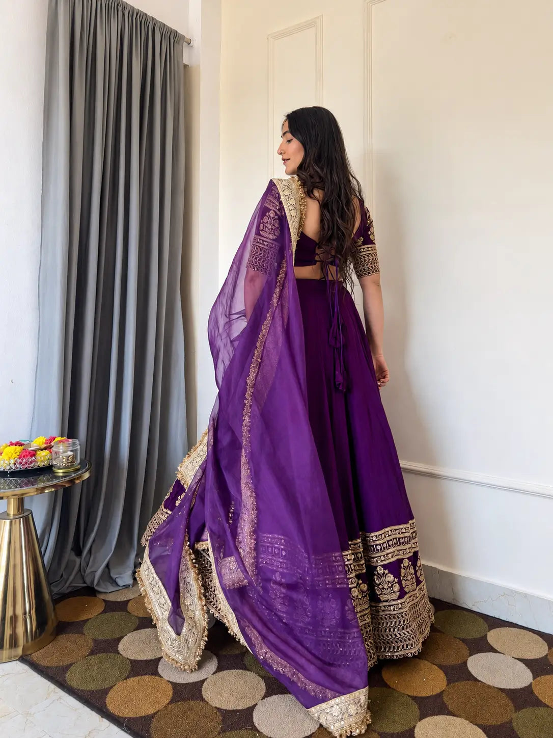 Violet & Orange Georgette Lehenga with Zari Gota Border
