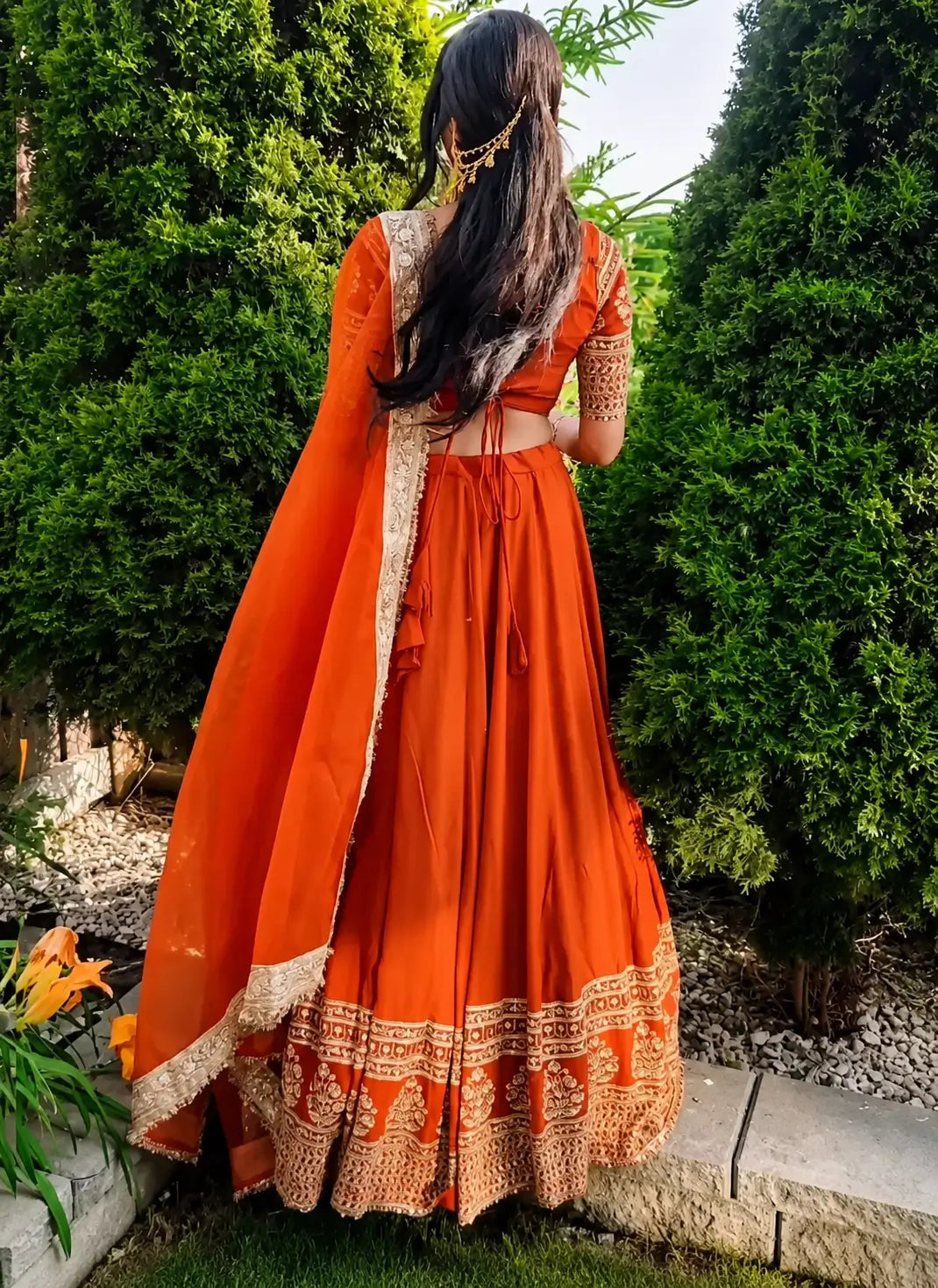 Violet & Orange Georgette Lehenga with Zari Gota Border