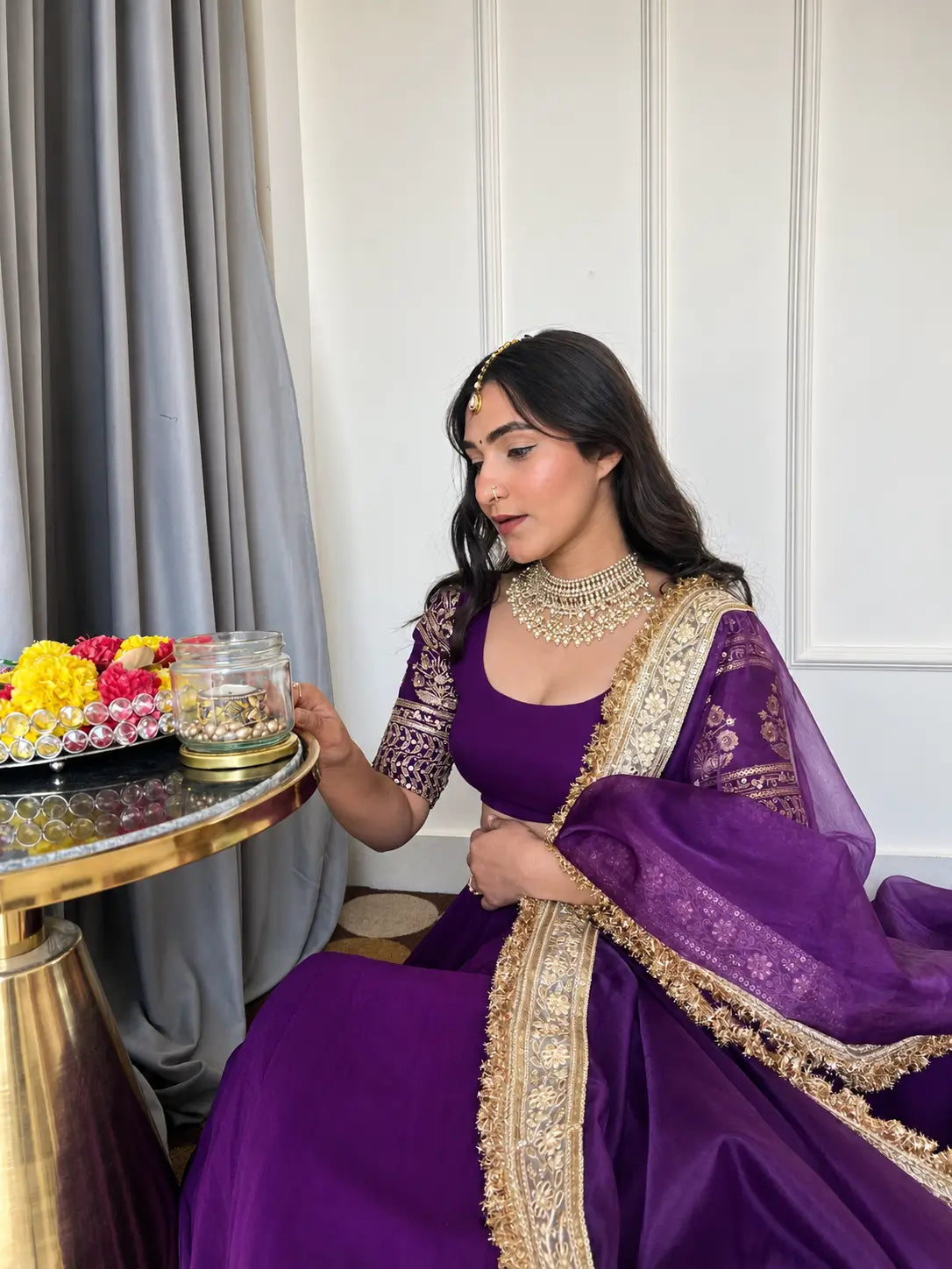 Violet & Orange Georgette Lehenga with Zari Gota Border