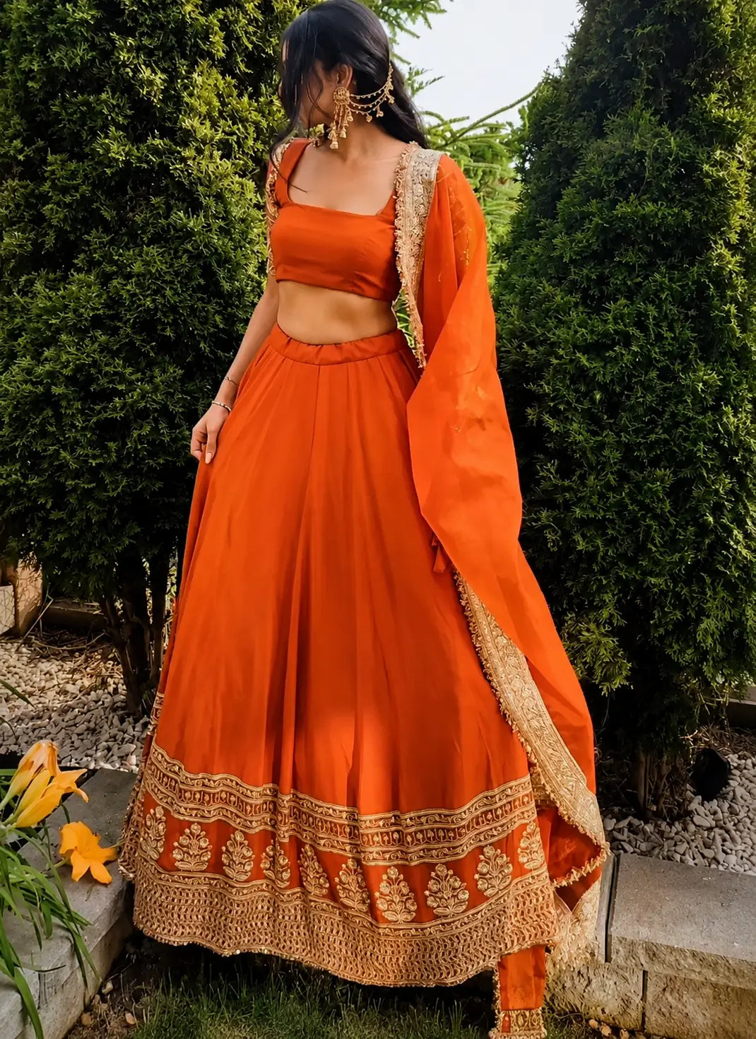 Violet & Orange Georgette Lehenga with Zari Gota Border
