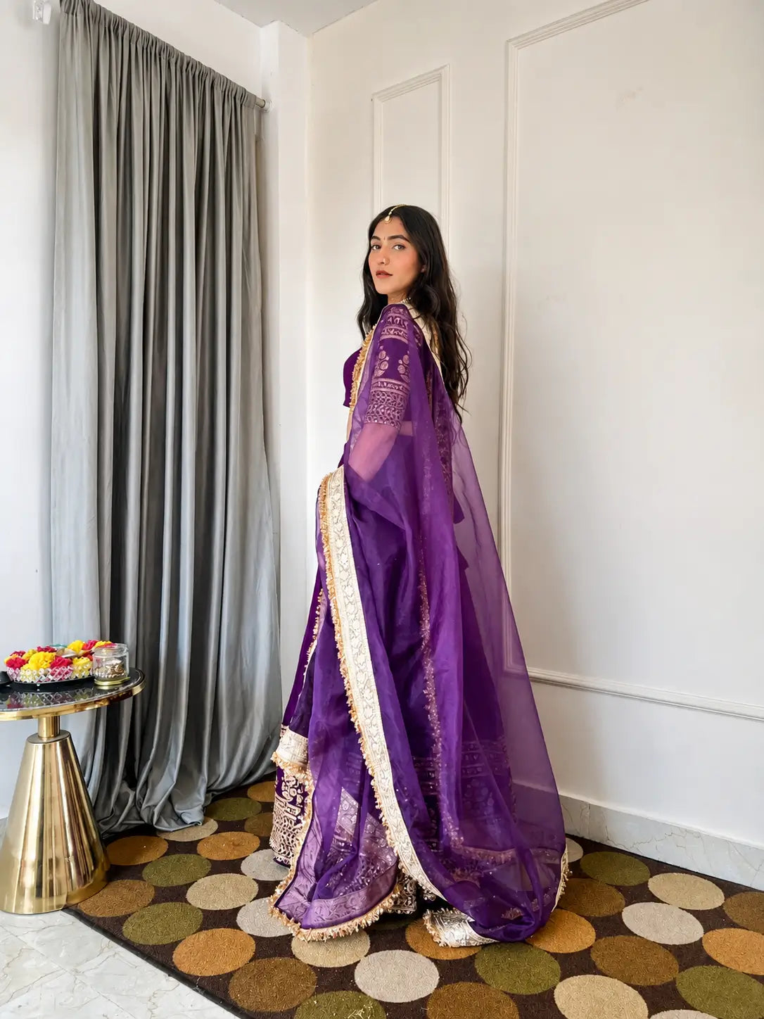 Violet & Orange Georgette Lehenga with Zari Gota Border
