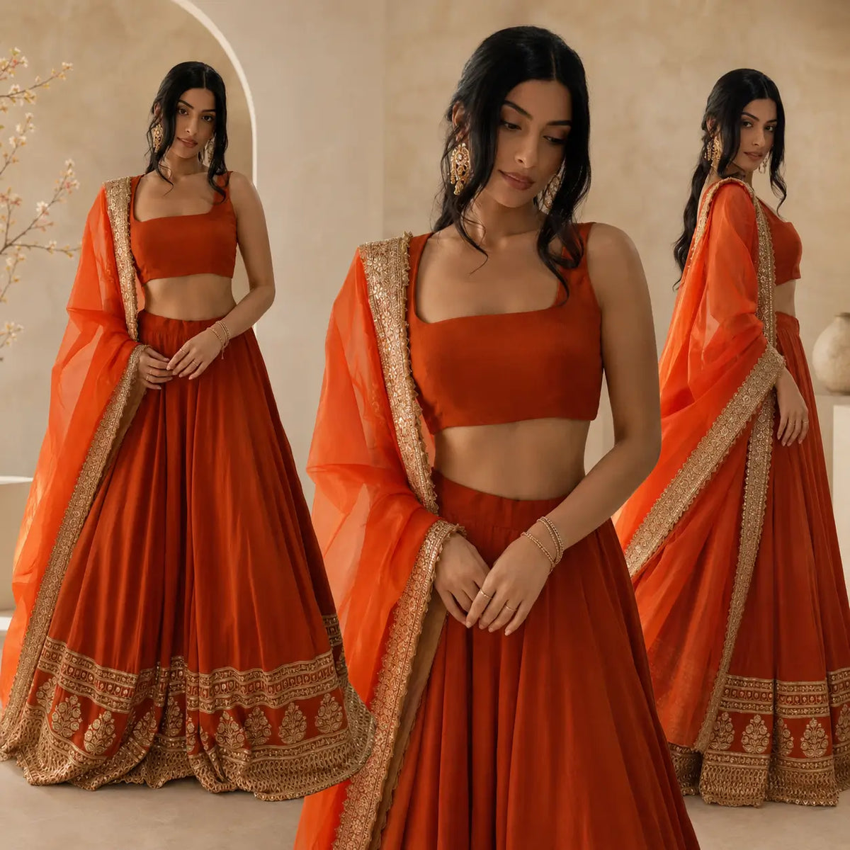 Violet & Orange Georgette Lehenga with Zari Gota Border