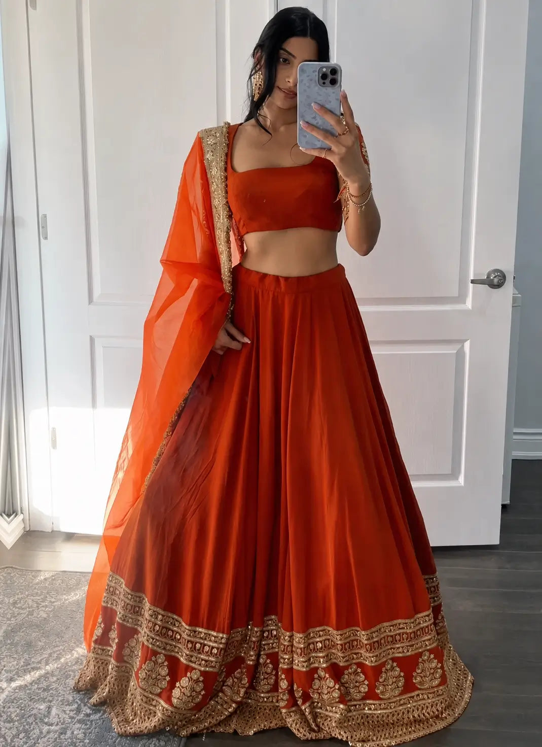 Violet & Orange Georgette Lehenga with Zari Gota Border
