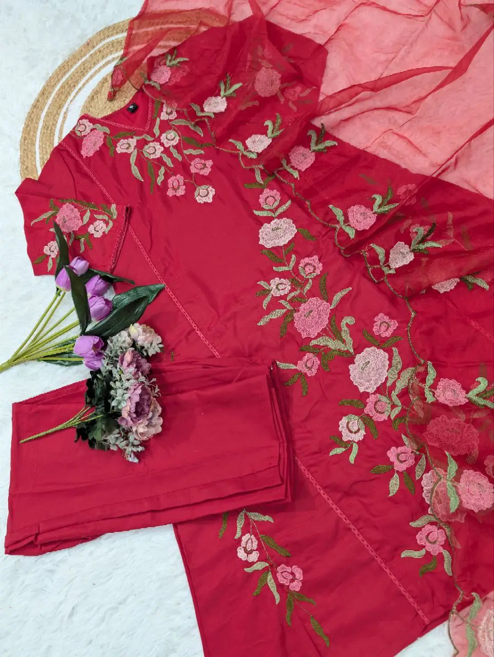 Viscose Chanderi Embroidered Kurti Set