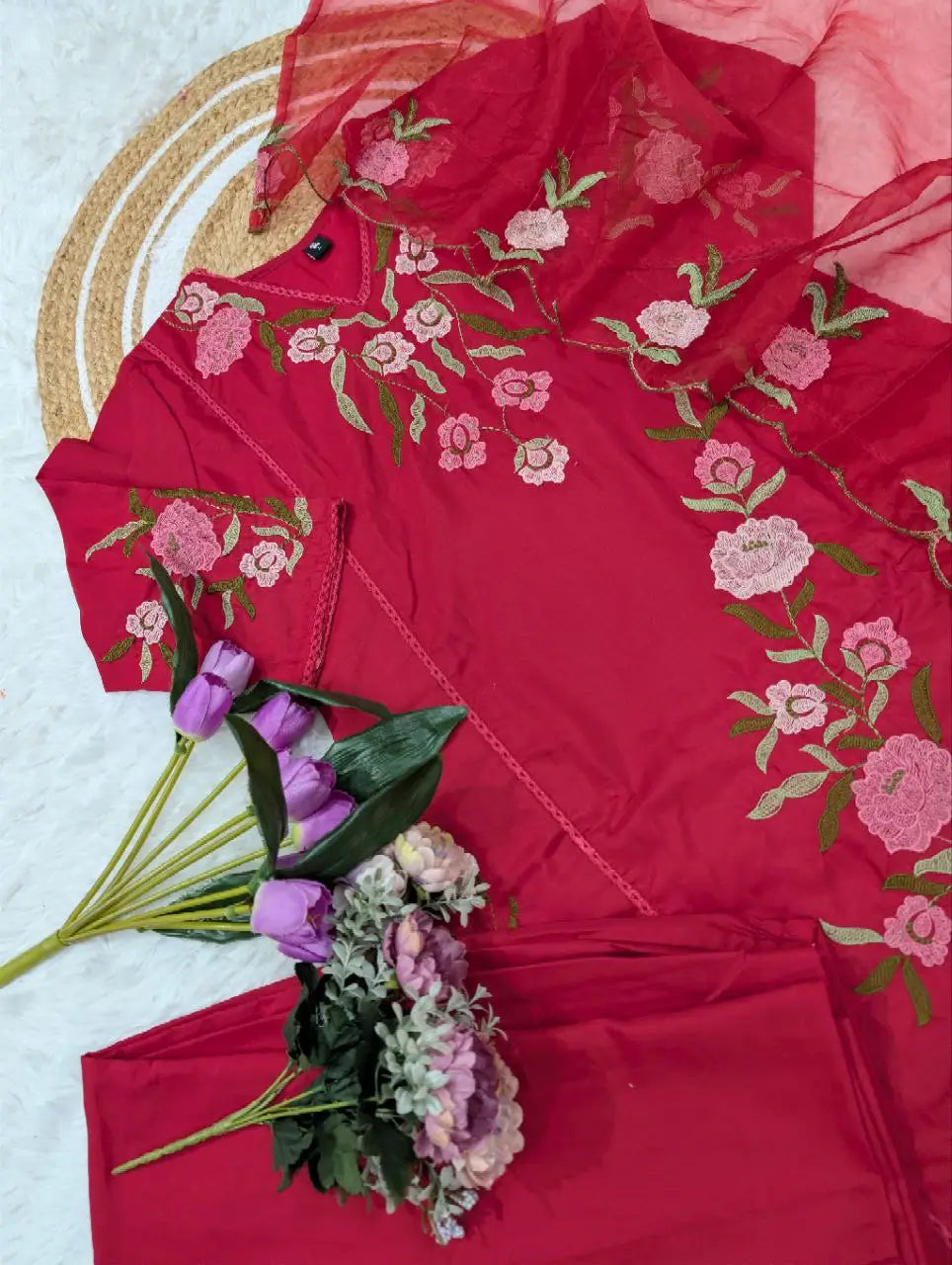 Viscose Chanderi Embroidered Kurti Set