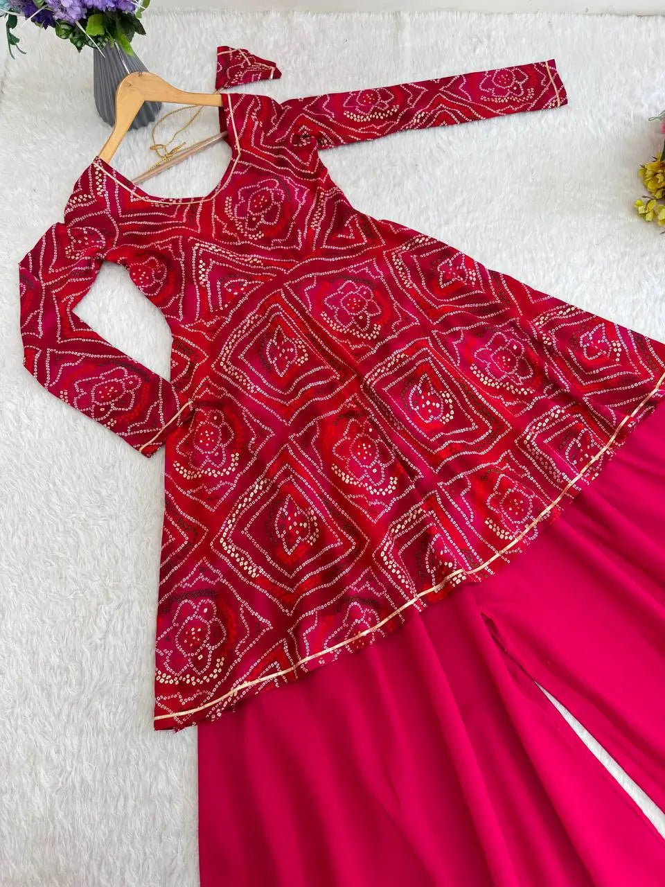 Viscose Rayon Bandhej Kediya Set with Palazzo and Dupatta