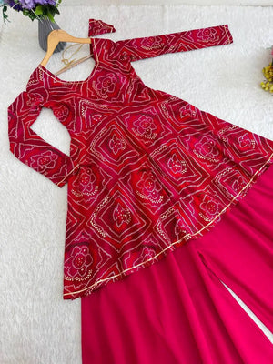 Viscose Rayon Bandhej Kediya Set with Palazzo and Dupatta