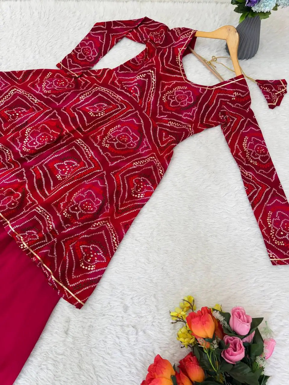 Viscose Rayon Bandhej Kediya Set with Palazzo and Dupatta