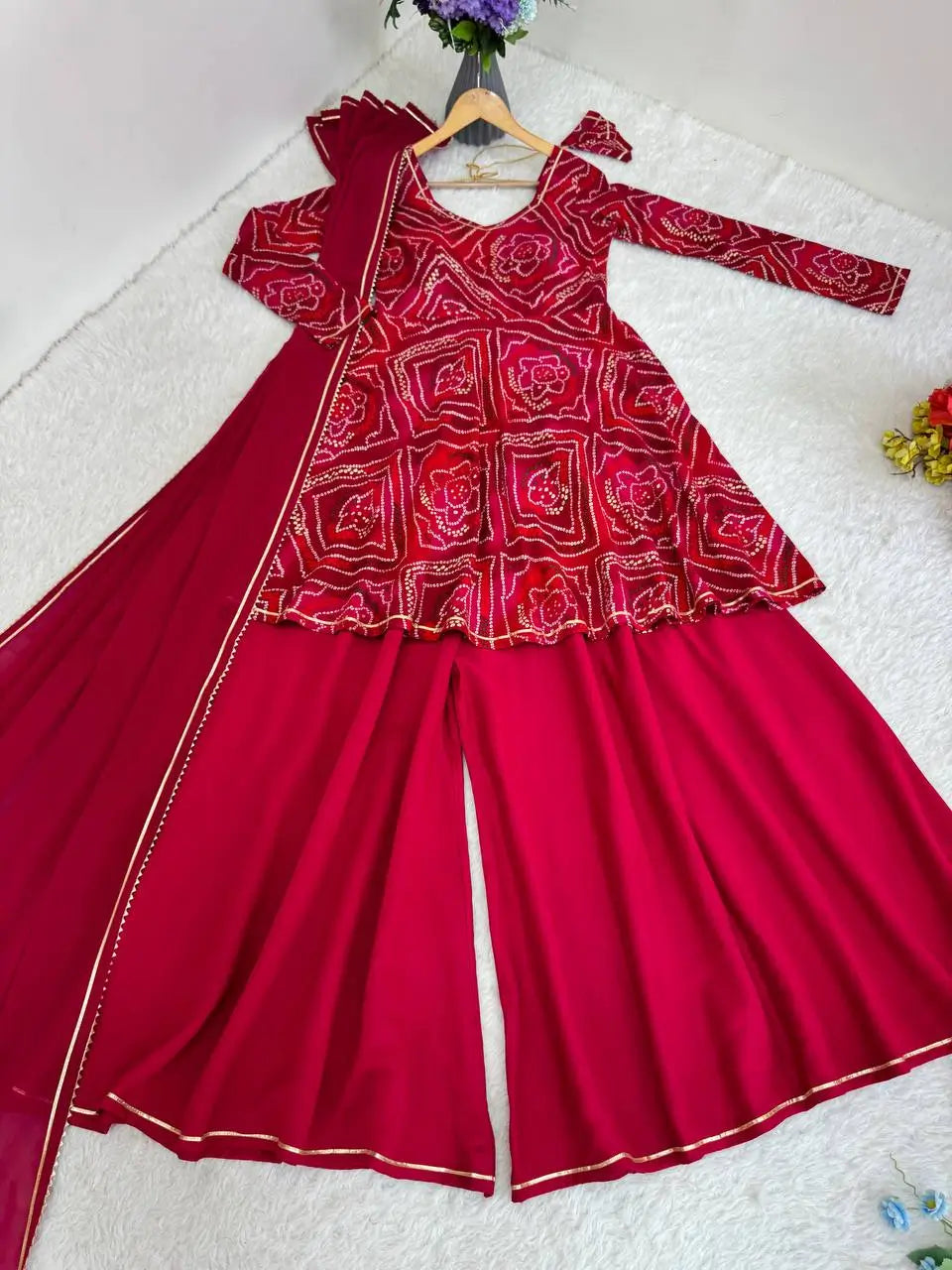 Viscose Rayon Bandhej Kediya Set with Palazzo and Dupatta
