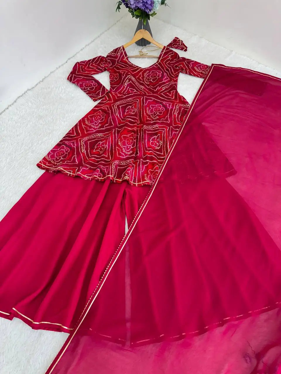 Viscose Rayon Bandhej Kediya Set with Palazzo and Dupatta