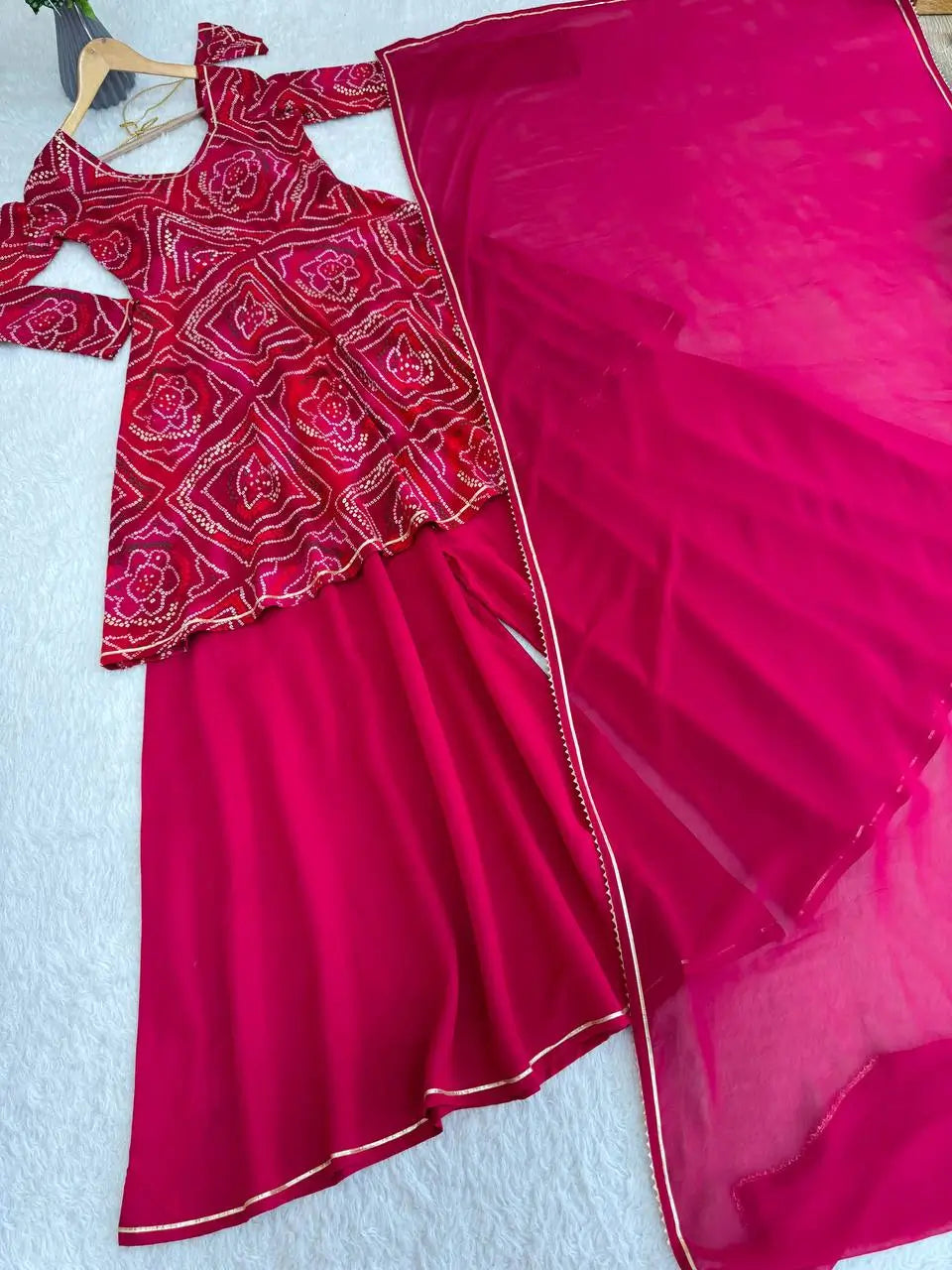 Viscose Rayon Bandhej Kediya Set with Palazzo and Dupatta