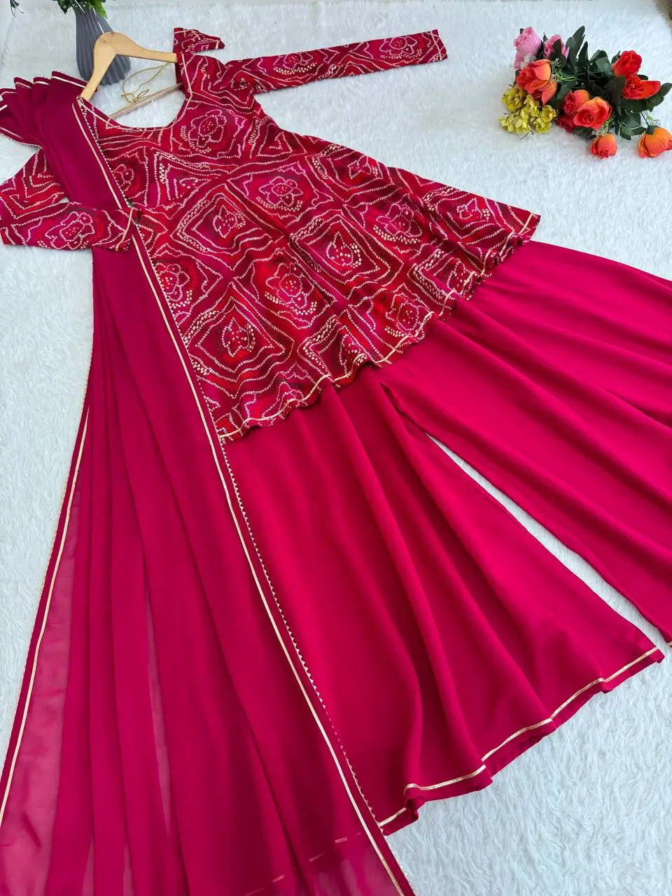 Viscose Rayon Bandhej Kediya Set with Palazzo and Dupatta