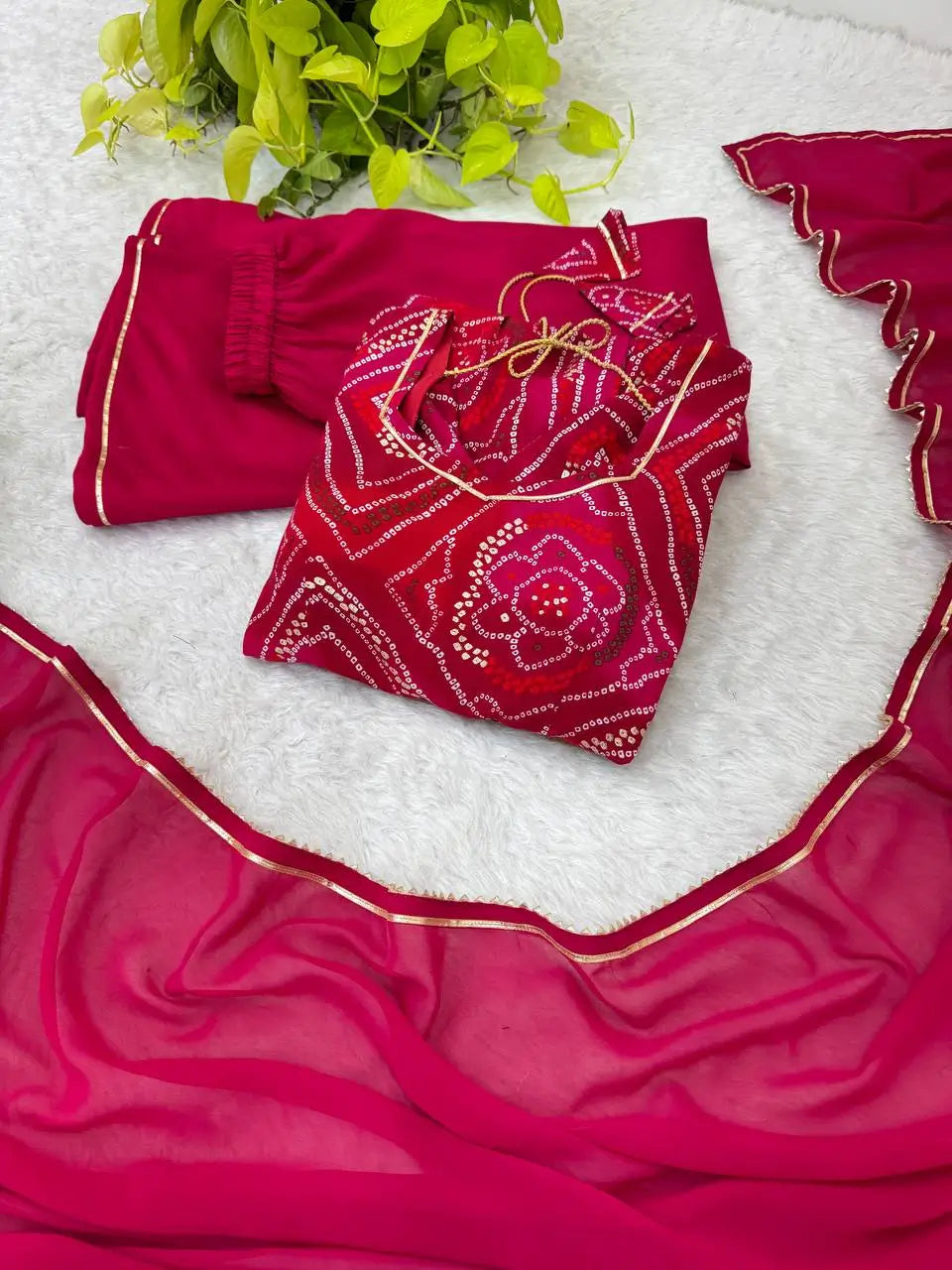 Viscose Rayon Bandhej Kediya Set with Palazzo and Dupatta