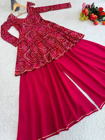 Viscose Rayon Bandhej Kediya Set with Palazzo and Dupatta