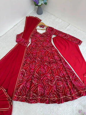 Viscose Rayon Bandhej Print Gown Set with Dupatta