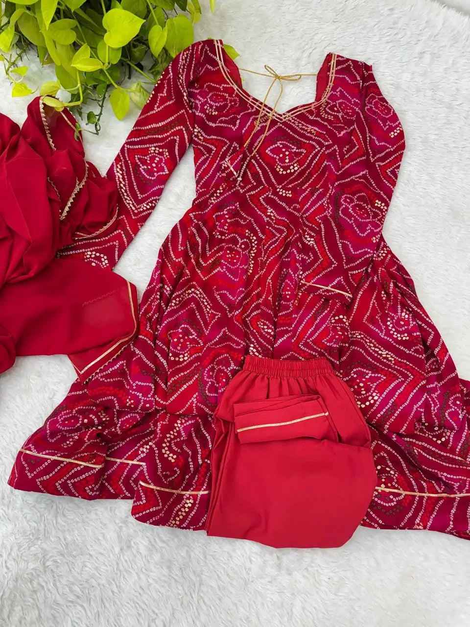 Viscose Rayon Bandhej Print Gown Set with Dupatta
