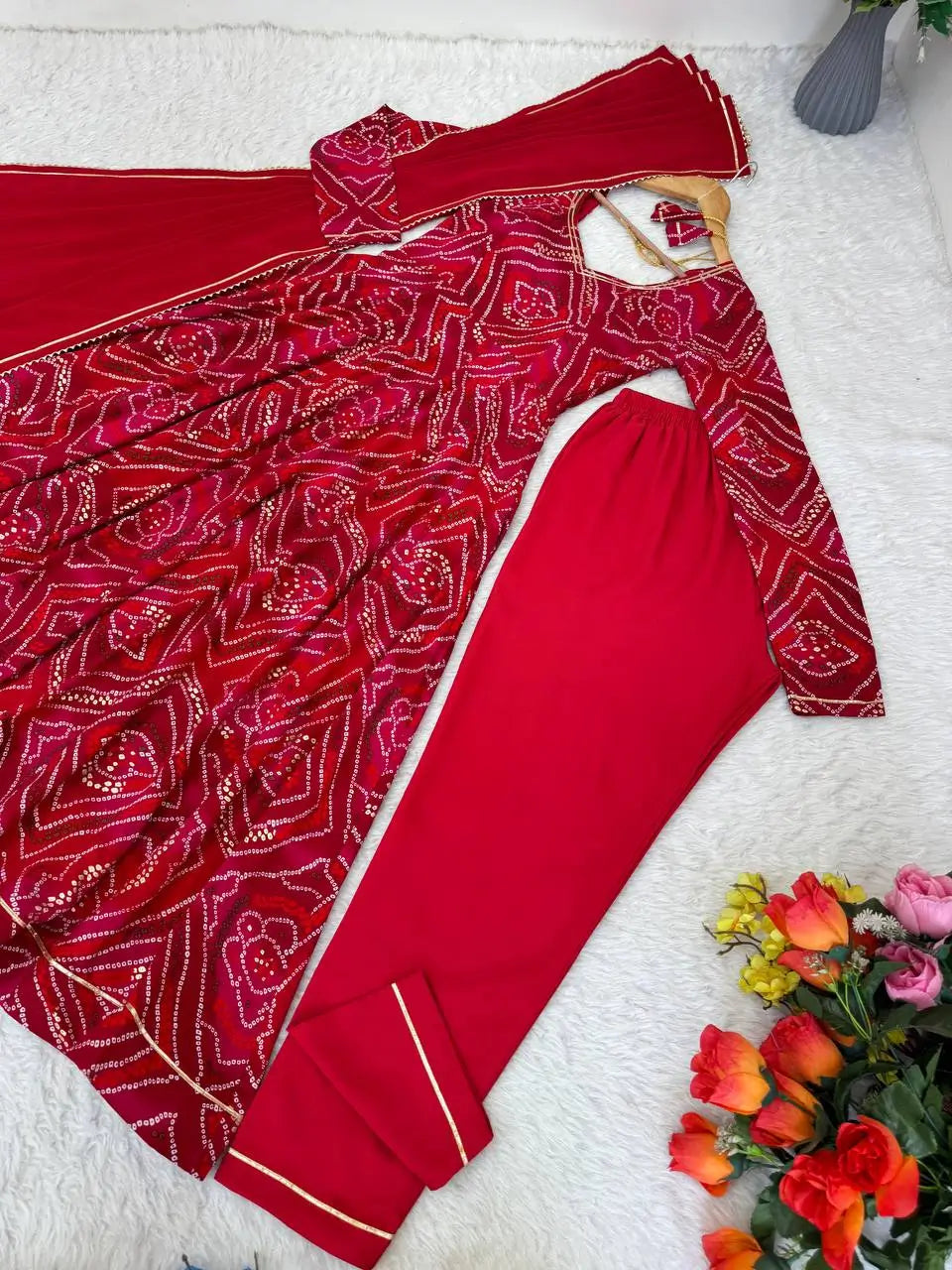 Viscose Rayon Bandhej Print Gown Set with Dupatta