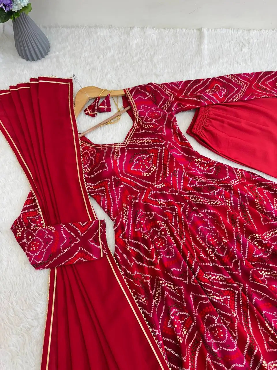 Viscose Rayon Bandhej Print Gown Set with Dupatta