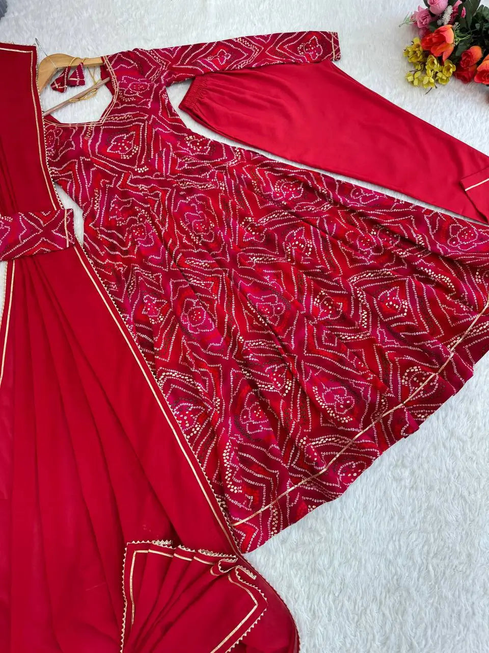 Viscose Rayon Bandhej Print Gown Set with Dupatta