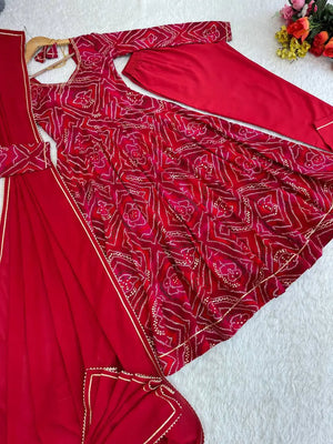 Viscose Rayon Bandhej Print Gown Set with Dupatta