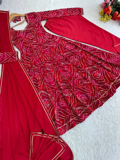 Viscose Rayon Bandhej Print Gown Set with Dupatta