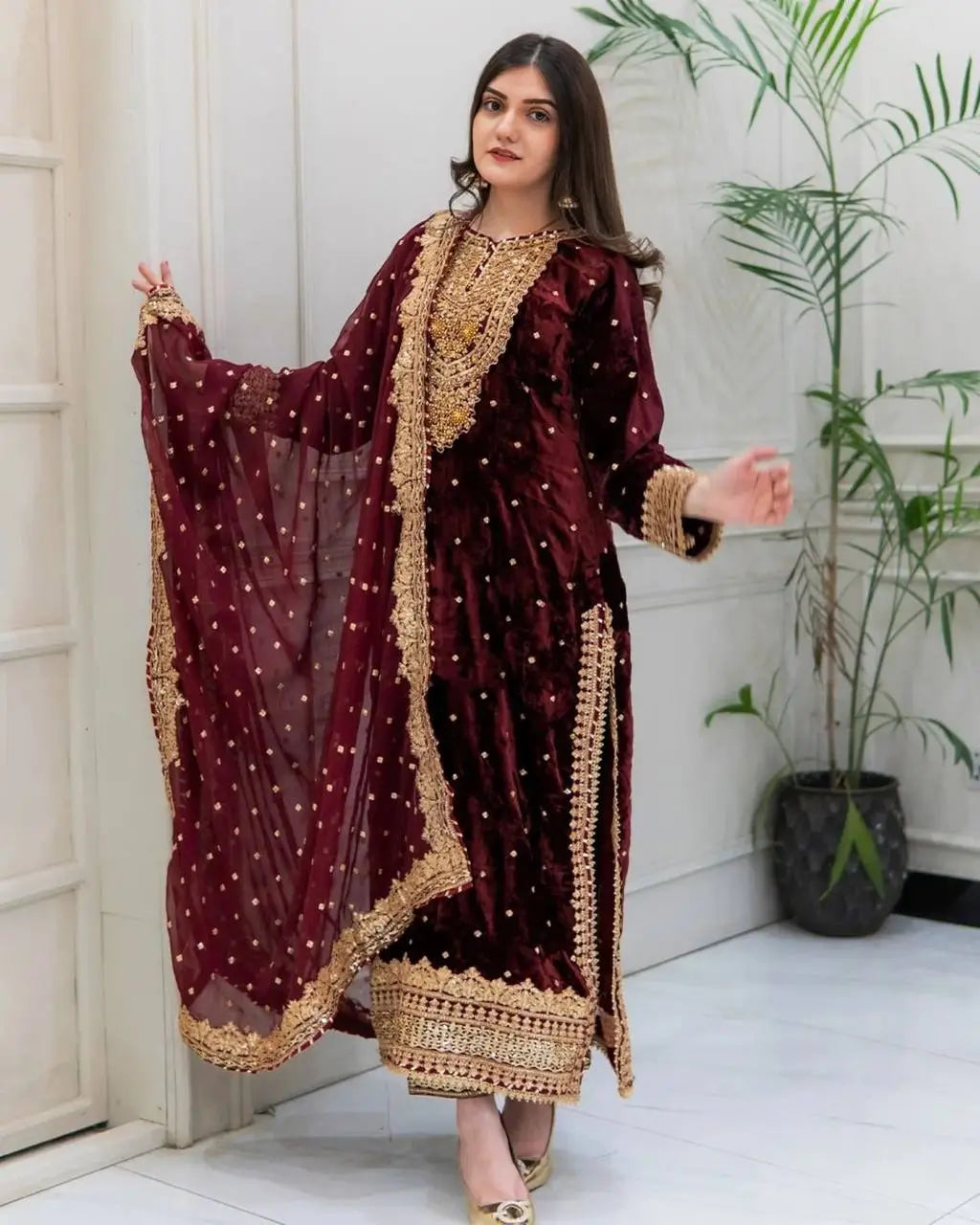 Viscose Velvet Embroidered Party Wear Set