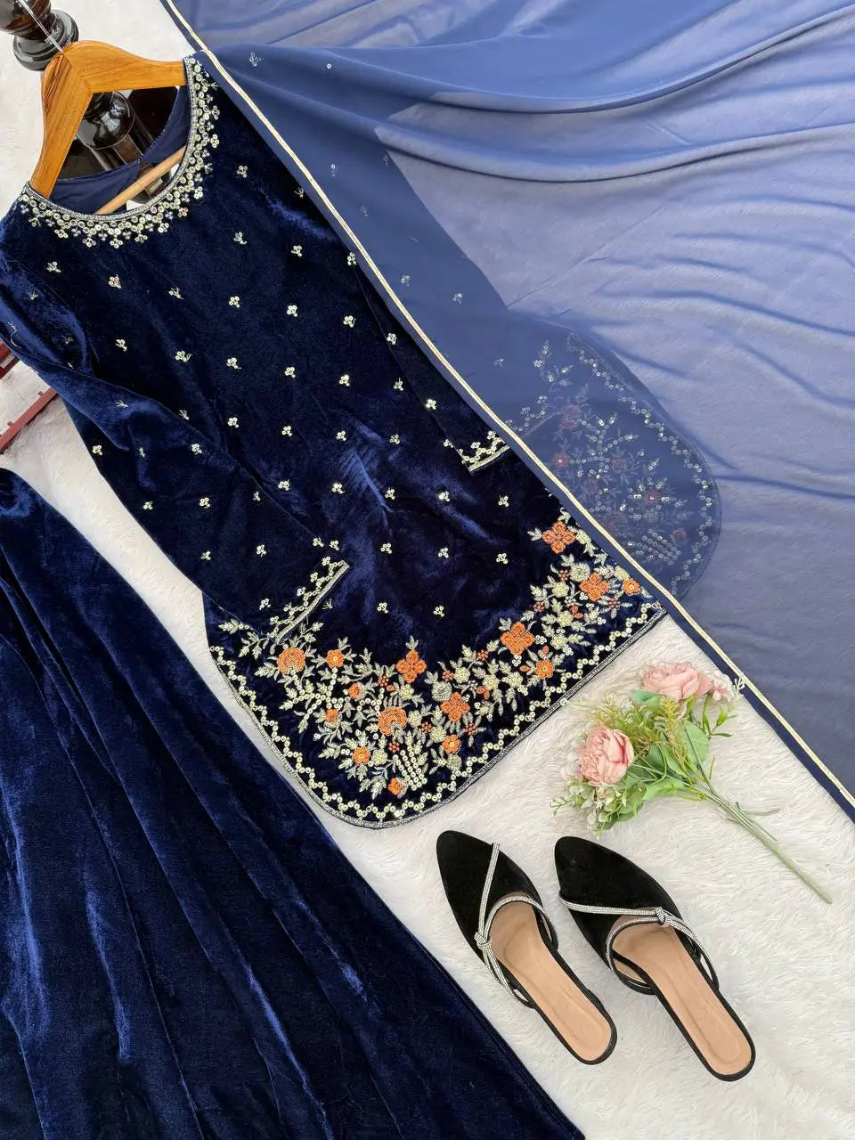 Viscose Velvet Embroidered Plazo Suit Set