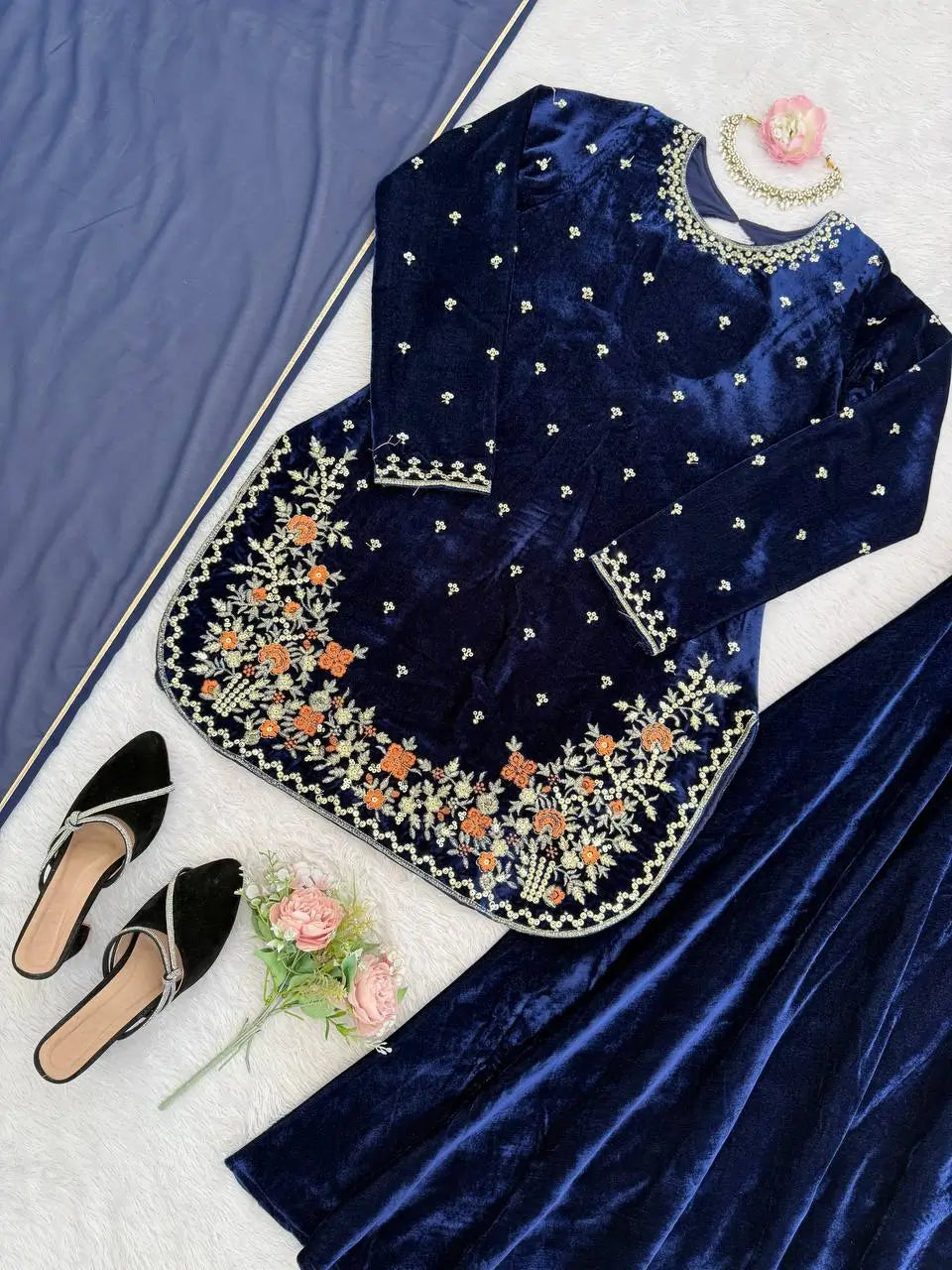 Viscose Velvet Embroidered Plazo Suit Set