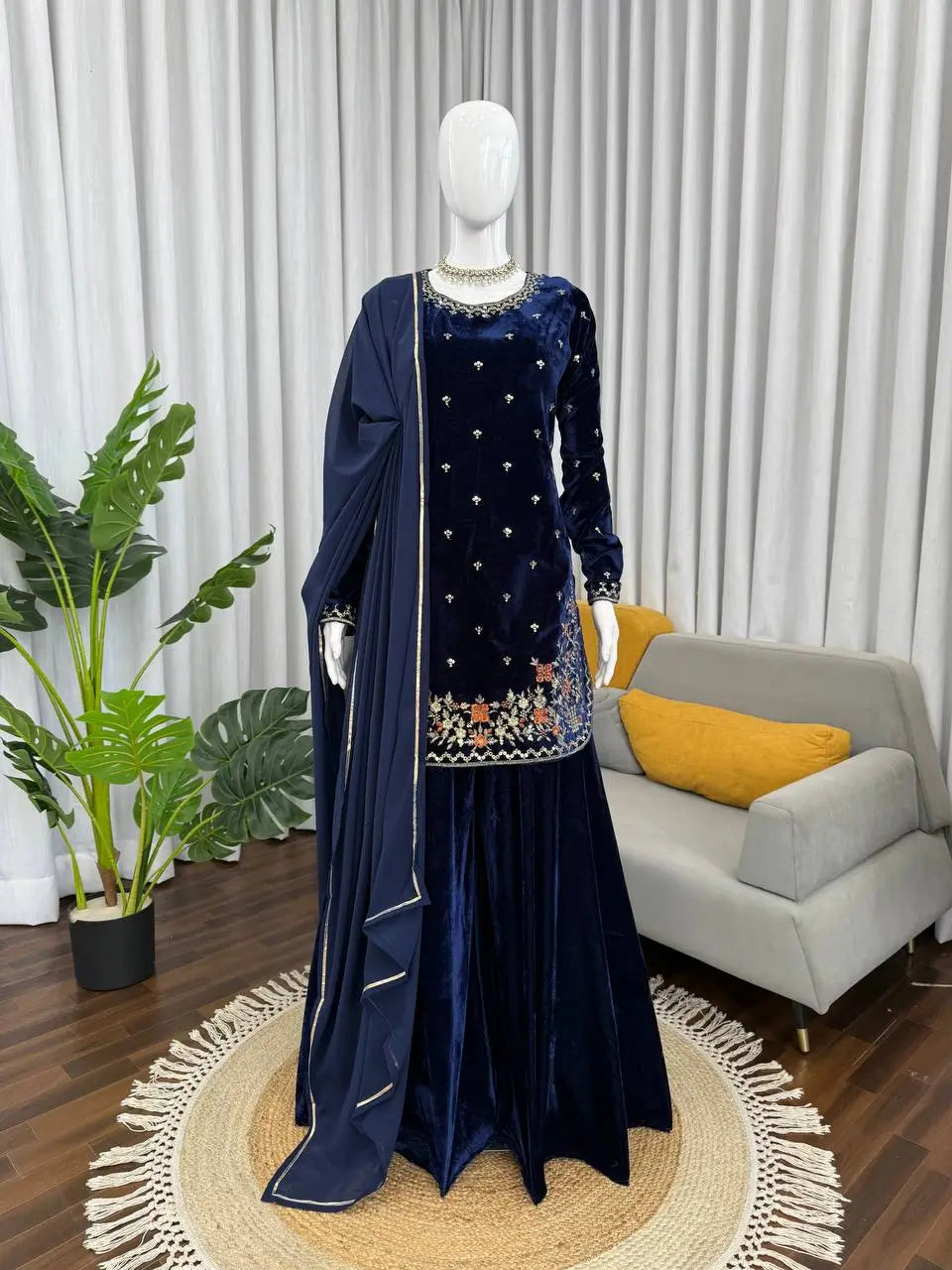 Viscose Velvet Embroidered Plazo Suit Set