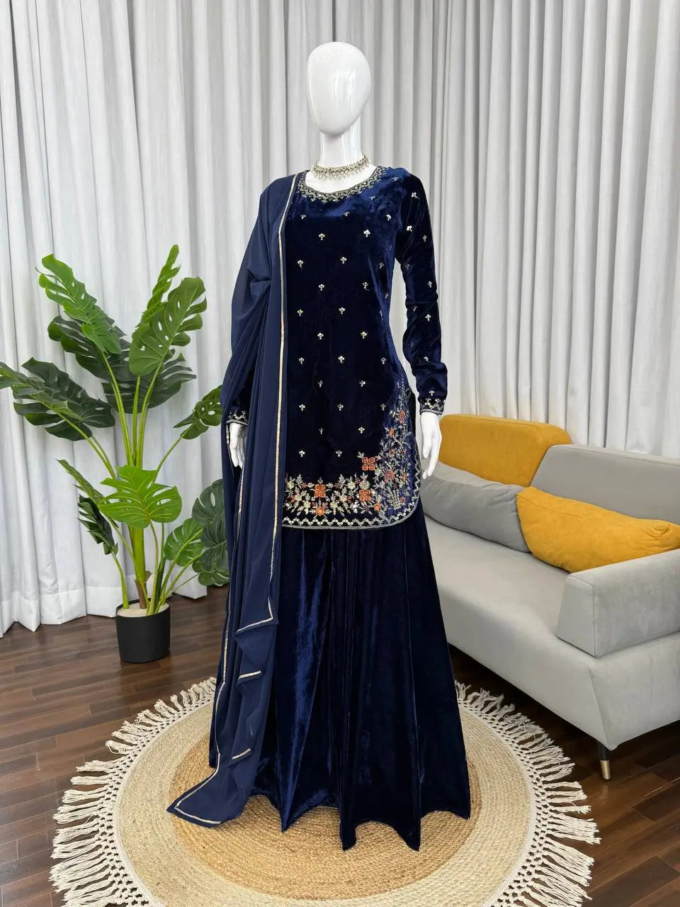 Viscose Velvet Embroidered Plazo Suit Set