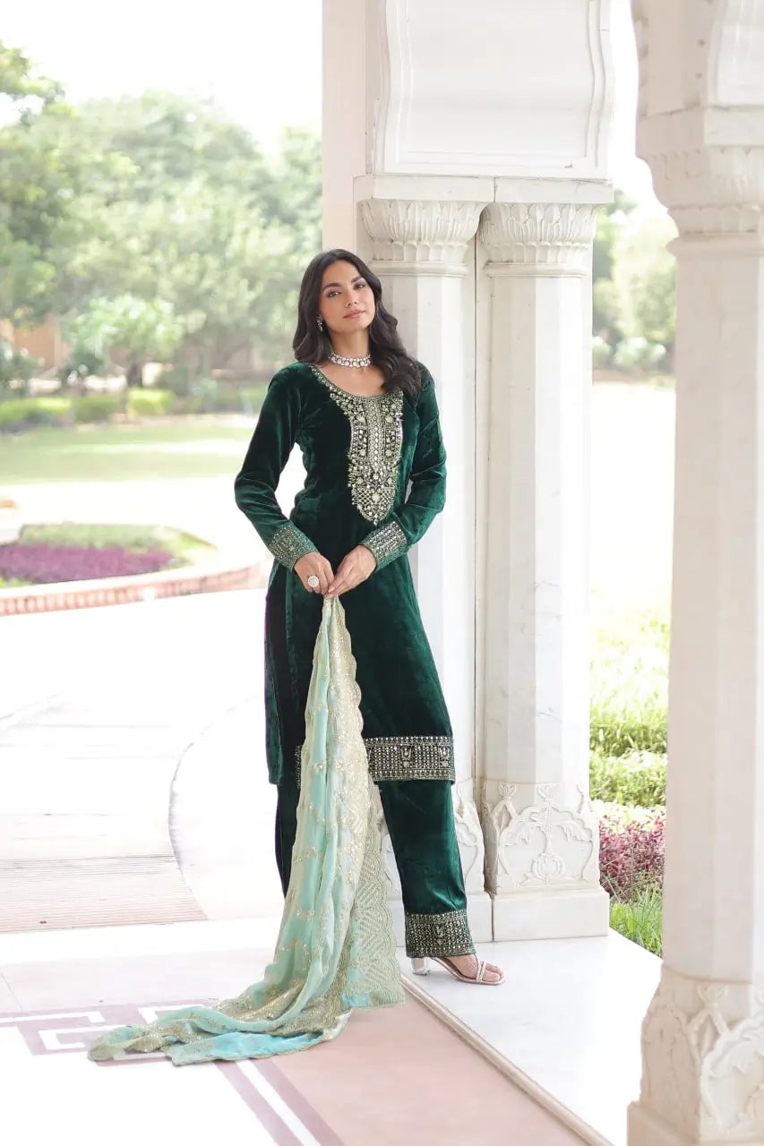 Viscose Velvet Embroidered Suit Set