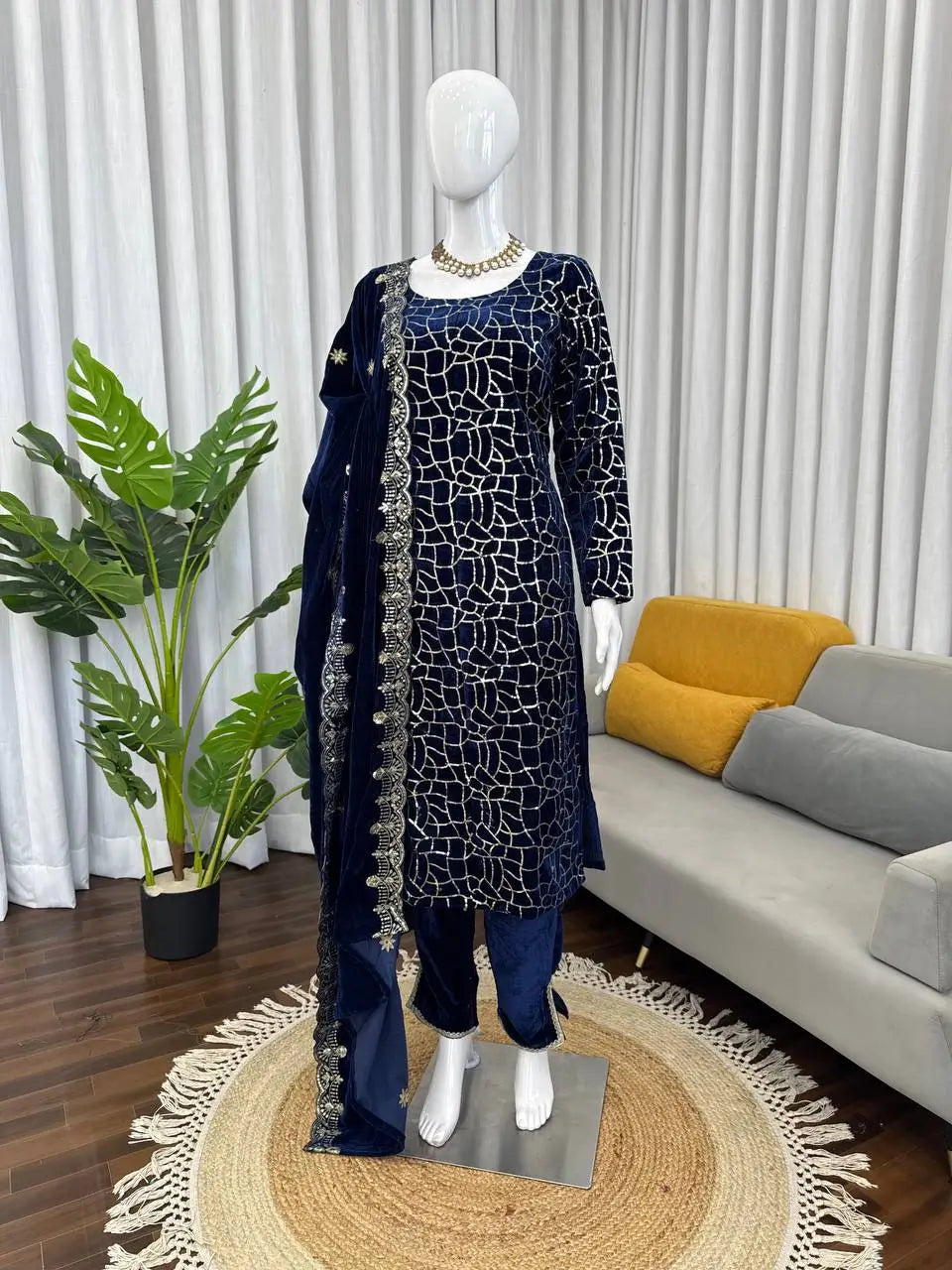 Viscose Velvet Embroidered Suit Set