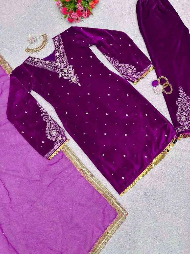 Viscose Velvet Embroidered Suit Set