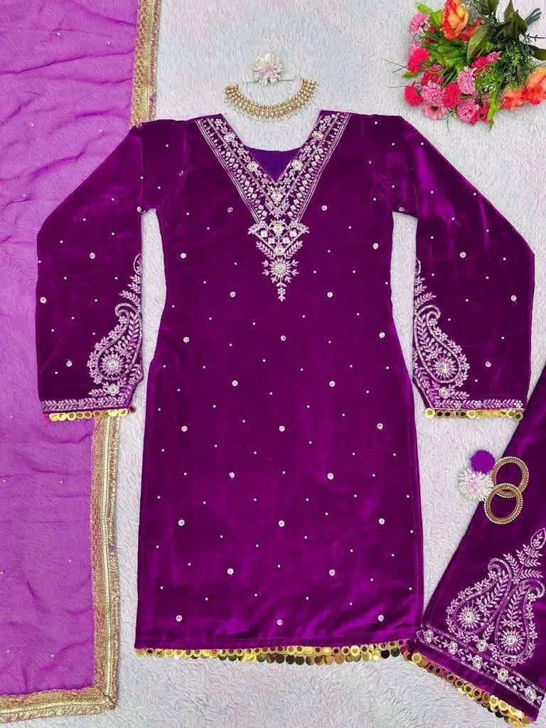 Viscose Velvet Embroidered Suit Set
