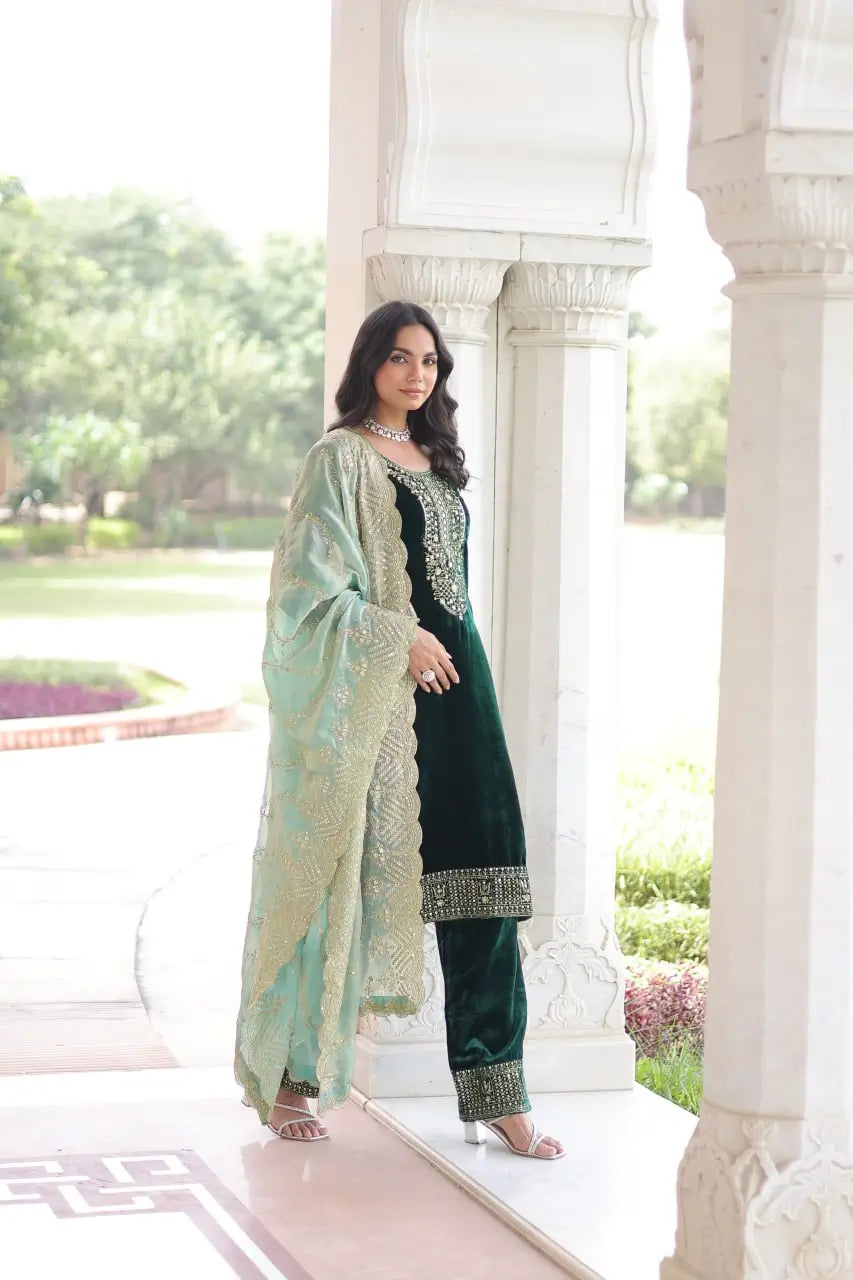 Viscose Velvet Embroidered Suit Set