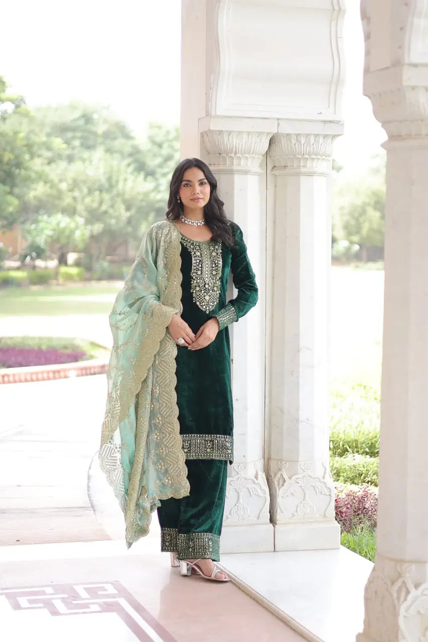 Viscose Velvet Embroidered Suit Set