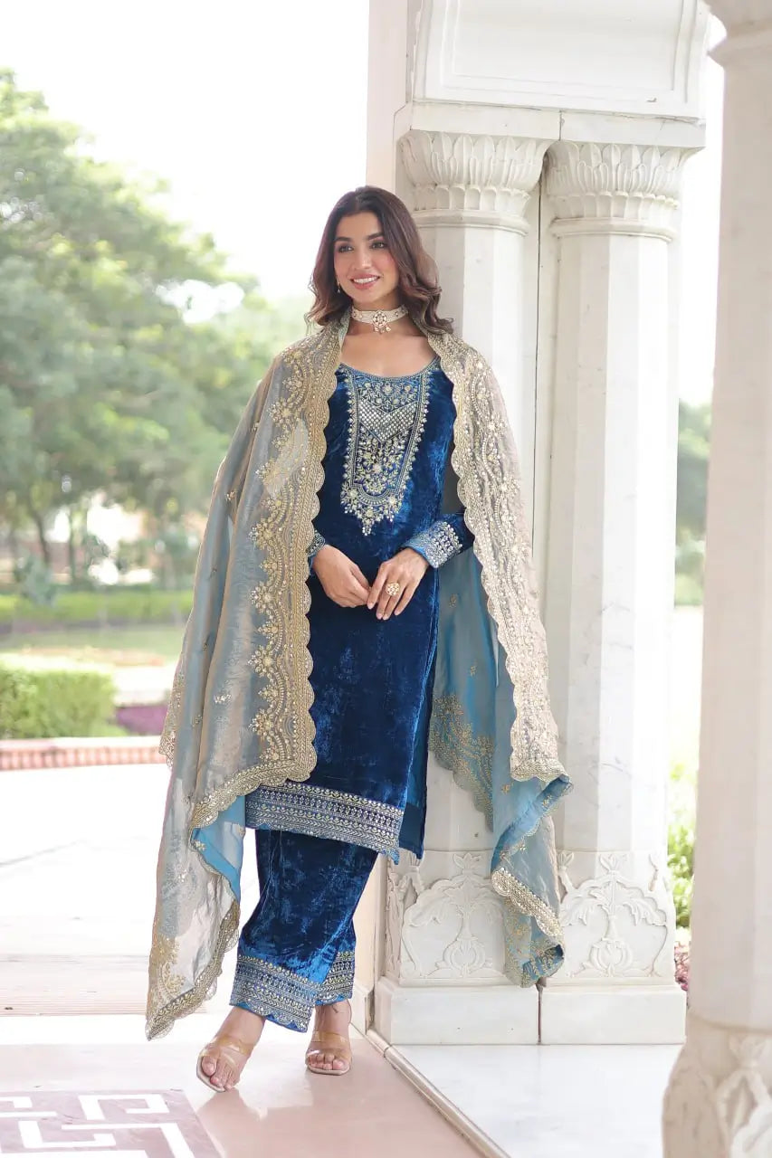 Viscose Velvet Embroidered Suit Set