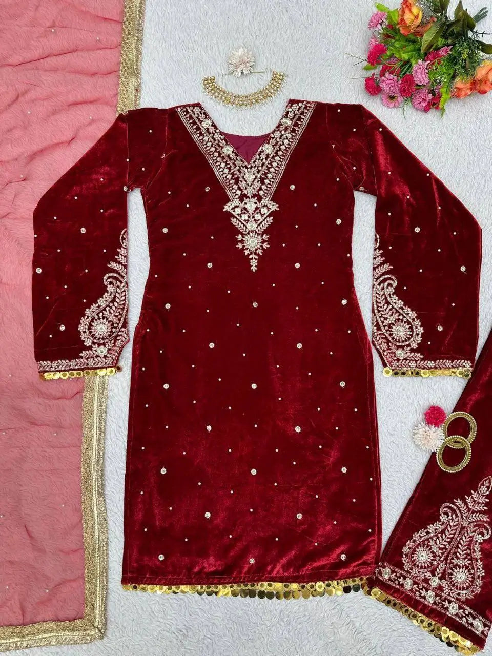 Viscose Velvet Embroidered Suit Set
