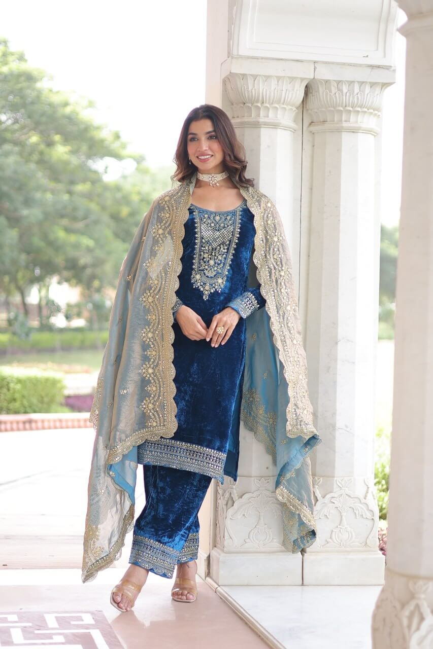Viscose Velvet Embroidered Suit Set