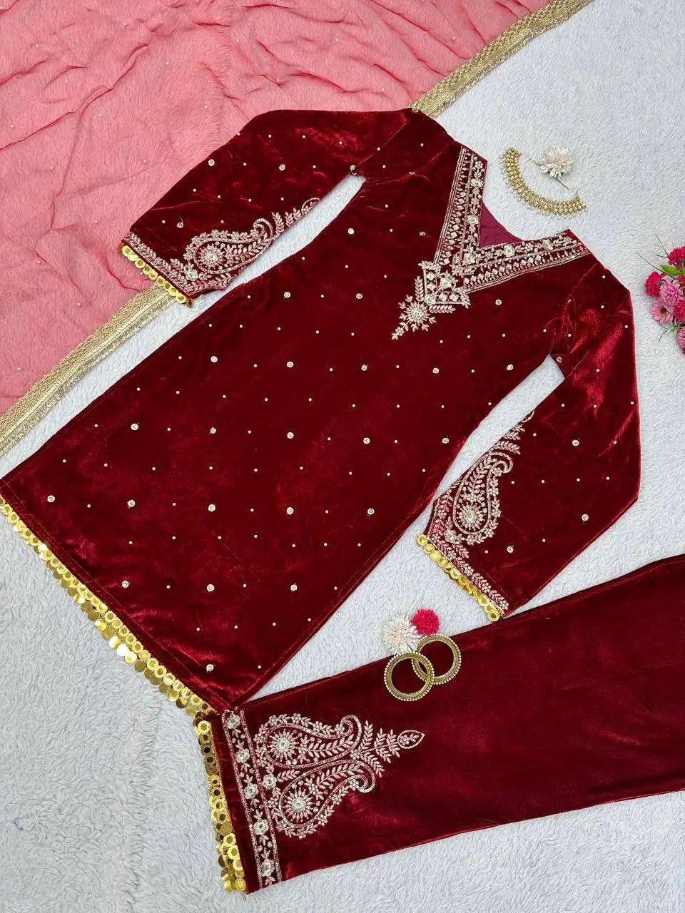 Viscose Velvet Embroidered Suit Set