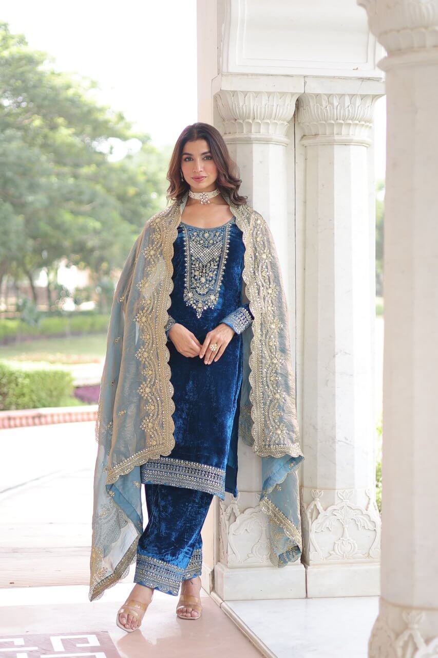 Viscose Velvet Embroidered Suit Set