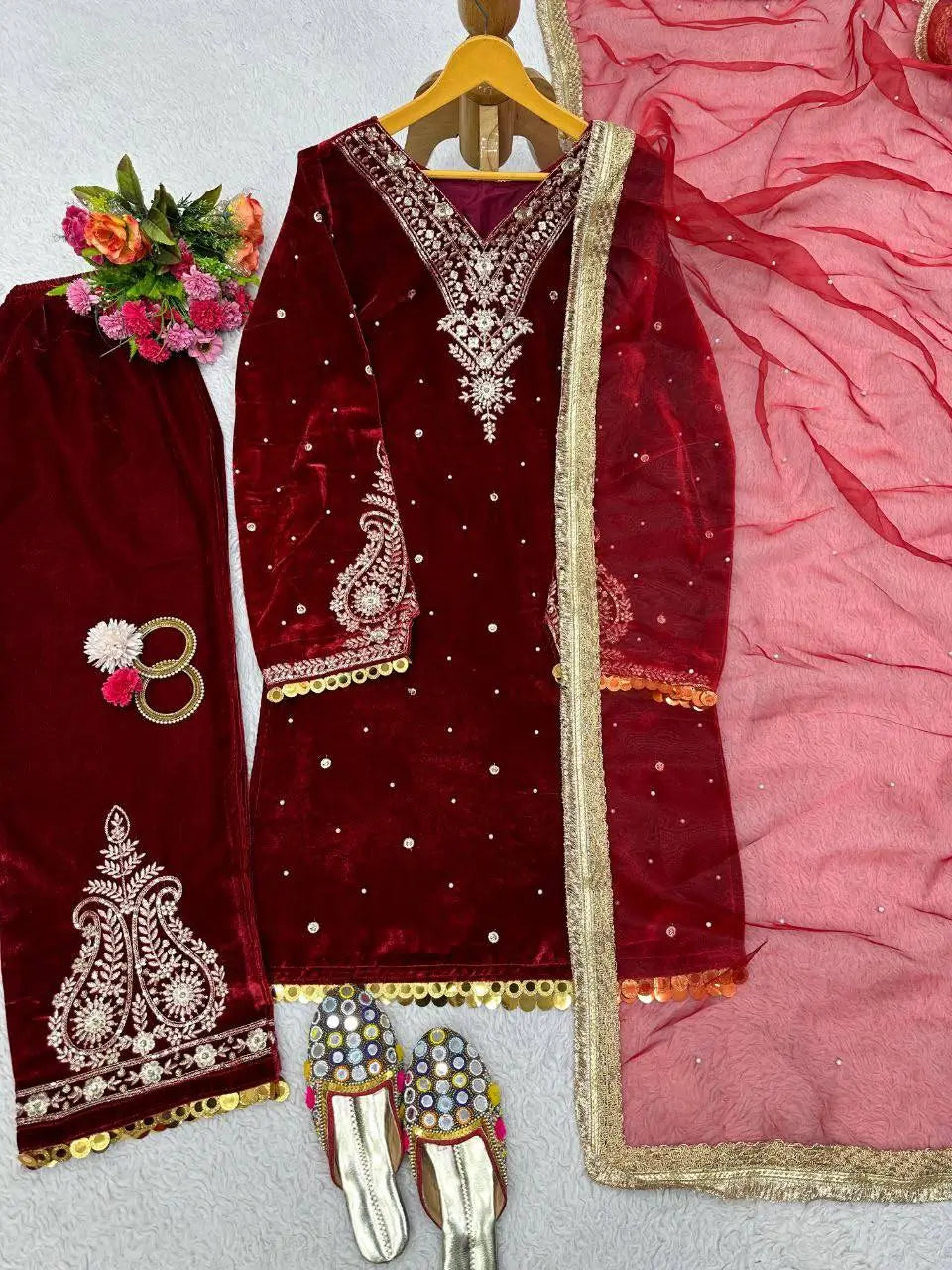 Viscose Velvet Embroidered Suit Set