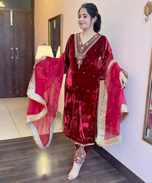 Viscose Velvet Embroidered Suit Set