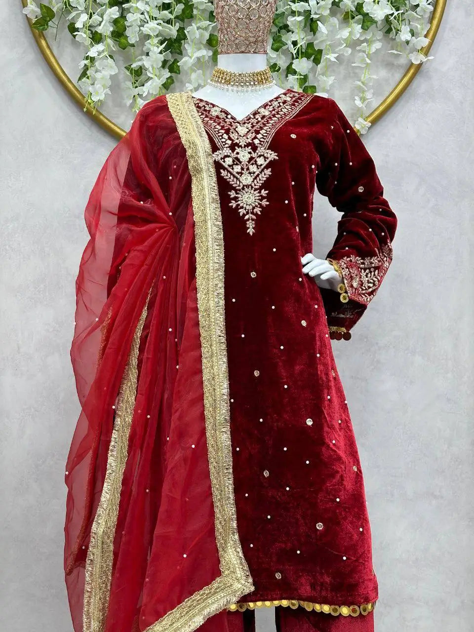 Viscose Velvet Embroidered Suit Set